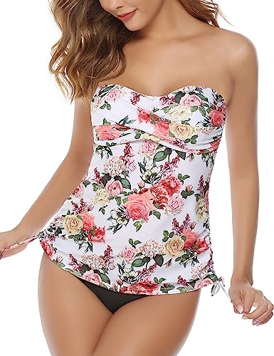 Gyabnw Tankini Damen Bauchweg Bademode Set Damen Bikini Oberteil Zweiteiler Tankinis Sommer Beach A-Weißes Blatt,S von Gyabnw