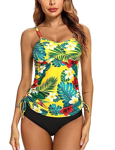 Gyabnw Tankini Damen Bauchweg Push Up Top Oberteil mit Badehoses Zweiteiler Bademode Tankini Urlaub Poolparty A-Gelb,S von Gyabnw