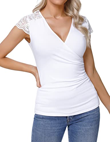 Gyabnw Tshirt Damen Elegant V Ausschnitt Sommer Spitzen Oberteile Damen Sexy Weiß,L von Gyabnw