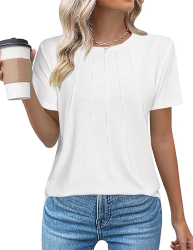 Gyabnw Damen Shirt Kurzarm Oberteile Sommer Tops für Damen Elegant Rundhals Shirt Casual Plissee Sommershirt Gyabnw Damen Shirt Kurzarm Oberteile Sommer Tops für Damen Elegant Rundhals Shirt Casual Plissee Sommershirt von Gyabnw