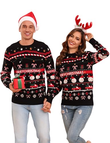 Gyabnw Weihnachten Pullover Herren Weihnachtspullover Partnerlook Pärchen Familie Set Gestrickte Weihnachten Strickpullover Winterpullover Weihnachtspullis, Schwarz XL von Gyabnw