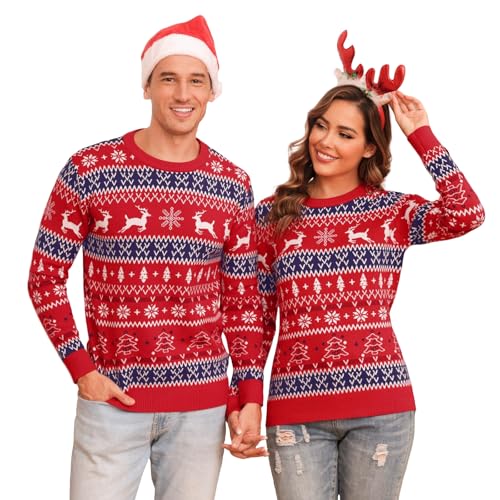 Gyabnw Weihnachts Pulli Damen Rundhals Weihnachtspullover Familie Set Langarm Weihnachten Strick Pullover Klassisch Christmas Sweater Weihnachtsmotive Strickpullover Xmas Jumper, Rot S von Gyabnw