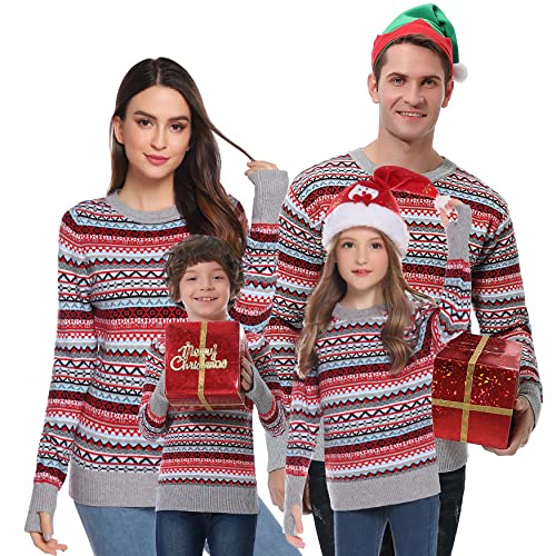 Gyabnw Weihnachtspullover Familie Set Damen Herren Ugly Weihnachtspulli Sweater Norweger Christmas Unisex Partnerlook Strickpullover Winter Warm für Pärchen Kinder Lustig Weihnachtsoutfit GrauS von Gyabnw