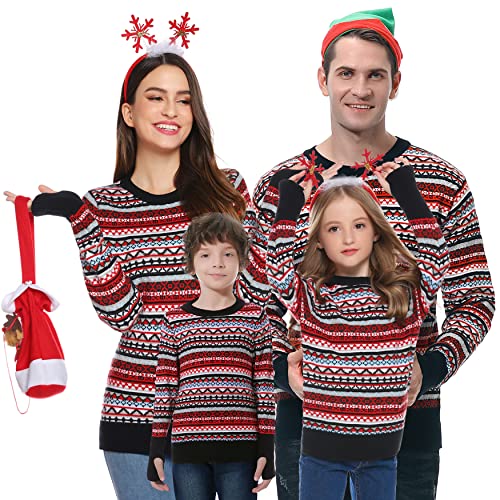 Gyabnw Weihnachtspullover Familie Set Damen Herren Ugly Weihnachtspulli Sweater Norweger Christmas Unisex Partnerlook Strickpullover Winter Warm für Pärchen Kinder Lustig Weihnachtsoutfit SchwarzS von Gyabnw