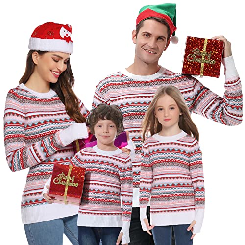 Gyabnw Weihnachtspullover Familie Set Damen Herren Ugly Weihnachtspulli Sweater Norweger Christmas Unisex Partnerlook Strickpullover Winter Warm für Pärchen Kinder Lustig Weihnachtsoutfit WeißXL von Gyabnw