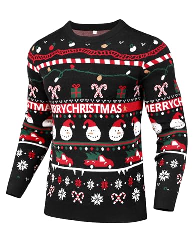 Gyabnw Weihnachtspullover Herren Lustige Weihnachtspulli Langarm Rundhals Xmas Pullover Chunky Gestrickter Festlicher Pulli für Weihnachten Party, Schwarz S von Gyabnw