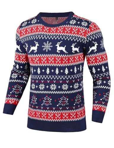 Gyabnw Weihnachtspullover Herren Rundhals Weihnachts Pullover Langarm Weihnachtspulli Familie Set Christmas Weihnachten Strickpullover Klassisch Xmas Sweater, Navy XXL von Gyabnw