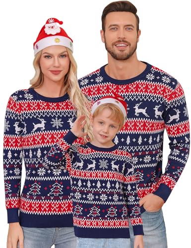 Gyabnw Weihnachtspullover Kinder Rundhals Weihnachtspulli Jungen Mädchen Rentier Strickpullover Familien Weihnachts Pullover Set Xmas Sweater Klassisch Rentier Weihnachten Pulli, Navy 10 Jahre von Gyabnw