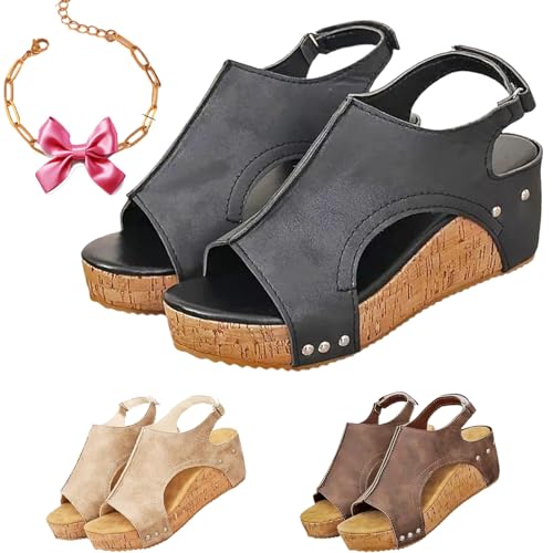 Gyagalre Damen Retro Keilsandalen, Keilsandalen für Damen, bequeme Keilsandalen, breite Keilsandalen, Schwarz , 36 EU von Gyagalre