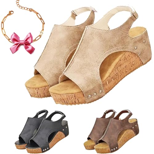 Gyagalre Damen Retro Keilsandalen, Keilsandalen für Damen, bequeme Keilsandalen, breite Keilsandalen, beige, 36 EU von Gyagalre