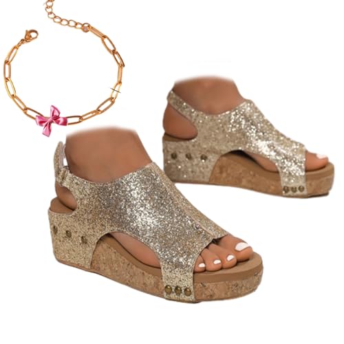Gyagalre Retro-Keilsandalen für Damen, bequeme Keilsandalen, breite Keilsandalen für Damen, Pailletten, Gold, 39 EU von Gyagalre