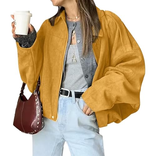 Gyagalre Suede Jacket Women – Damen Wildleder Bomberjacke Kurz, Herbstjacke Damen Übergangsjacke, Oversize Faux Suede Jacke (DE/NL/SE/PL, Alphanumerisch, M, Regular, Regular, Orange) von Gyagalre