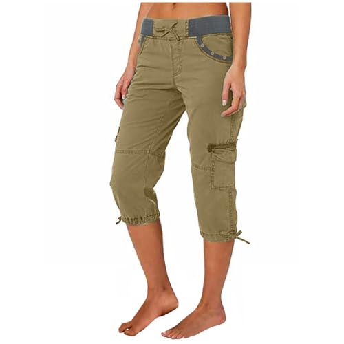 Cargohose Damen Sommer Knielang Cargo Shorts 3/4 Arbeitshose Regular Fit Sommerhose Einfarbig Caprihose Baumwolle Hose Hohe Taille Freizeithose Elastisch Sporthose Jogginghose Stoffhose mit Taschen von Gyaimxfu