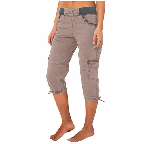 Cargohose Damen Sommer Knielang Cargo Shorts 3/4 Arbeitshose Regular Fit Sommerhose Einfarbig Caprihose Baumwolle Hose Hohe Taille Freizeithose Elastisch Sporthose Jogginghose Stoffhose mit Taschen von Gyaimxfu
