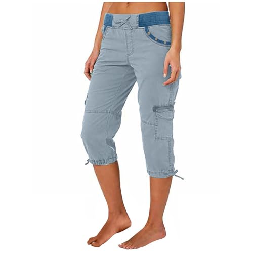 Cargohose Damen Sommer Knielang Cargo Shorts 3/4 Arbeitshose Regular Fit Sommerhose Einfarbig Caprihose Baumwolle Hose Hohe Taille Freizeithose Elastisch Sporthose Jogginghose Stoffhose mit Taschen von Gyaimxfu