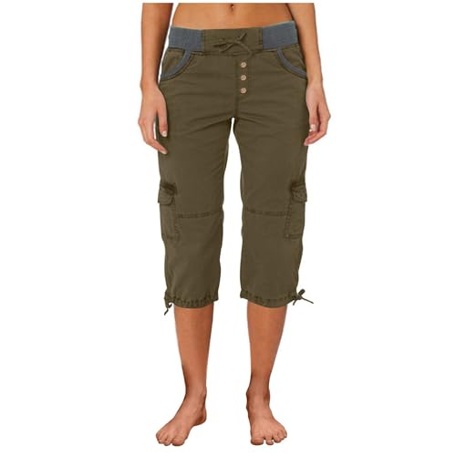 Cargohose Damen Sommer Knielang Cargo Shorts 3/4 Arbeitshose Regular Fit Sommerhose Einfarbig Caprihose Baumwolle Hose Hohe Taille Freizeithose Elastisch Sporthose Jogginghose Stoffhose mit Taschen von Gyaimxfu