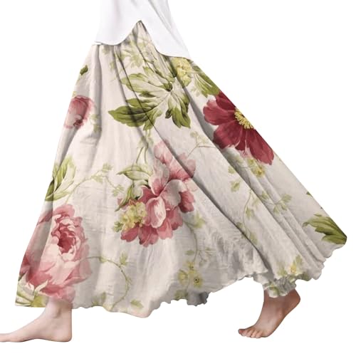 Damen Röcke Lang,Elegant Strandrock Bunt Blumendruck Schickes Plisseerock Vintage A-Line Swing Freizeitrock Leicht Und Luftig Knielang Midirock Komfortabler Stretch Sommerrock 2024 von Gyaimxfu