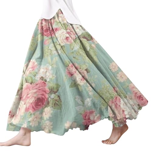 Damen Röcke Lang,Elegant Strandrock Bunt Blumendruck Schickes Plisseerock Vintage A-Line Swing Freizeitrock Leicht Und Luftig Knielang Midirock Komfortabler Stretch Sommerrock 2024 von Gyaimxfu