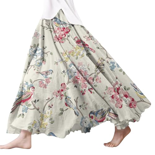 Damen Röcke Lang,Elegant Strandrock Bunt Blumendruck Schickes Plisseerock Vintage A-Line Swing Freizeitrock Leicht Und Luftig Knielang Midirock Komfortabler Stretch Sommerrock 2024 von Gyaimxfu