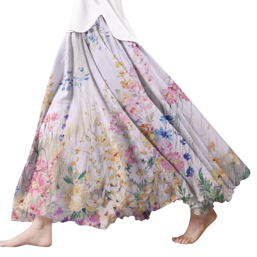 Damen Röcke Lang,Elegant Strandrock Bunt Blumendruck Schickes Plisseerock Vintage A-Line Swing Freizeitrock Leicht Und Luftig Knielang Midirock Komfortabler Stretch Sommerrock 2024 von Gyaimxfu