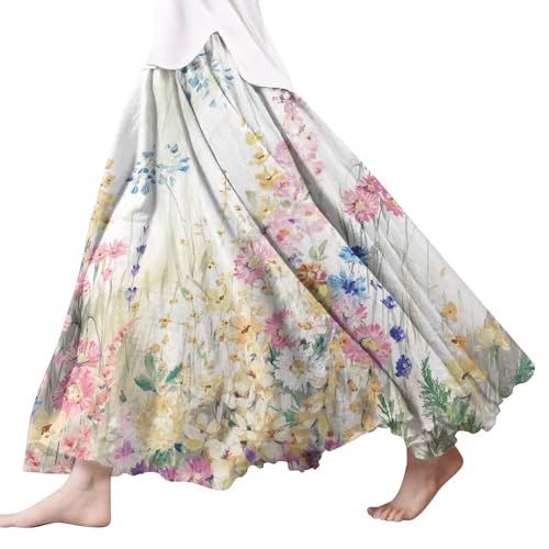 Damen Röcke Lang,Elegant Strandrock Bunt Blumendruck Schickes Plisseerock Vintage A-Line Swing Freizeitrock Leicht Und Luftig Knielang Midirock Komfortabler Stretch Sommerrock 2024 von Gyaimxfu