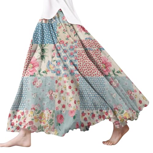 Damen Röcke Lang,Elegant Strandrock Bunt Blumendruck Schickes Plisseerock Vintage A-Line Swing Freizeitrock Leicht Und Luftig Knielang Midirock Komfortabler Stretch Sommerrock 2024 von Gyaimxfu