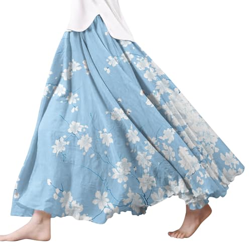 Damen Röcke Lang,Elegant Strandrock Bunt Blumendruck Schickes Plisseerock Vintage A-Line Swing Freizeitrock Leicht Und Luftig Knielang Midirock Komfortabler Stretch Sommerrock 2024 von Gyaimxfu