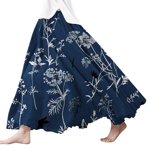 Damen Röcke Lang,Elegant Strandrock Bunt Blumendruck Schickes Plisseerock Vintage A-Line Swing Freizeitrock Leicht Und Luftig Knielang Midirock Komfortabler Stretch Sommerrock 2024 von Gyaimxfu