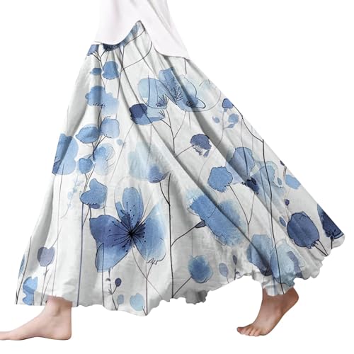 Damen Röcke Lang,Elegant Strandrock Bunt Blumendruck Schickes Plisseerock Vintage A-Line Swing Freizeitrock Leicht Und Luftig Knielang Midirock Komfortabler Stretch Sommerrock 2024 von Gyaimxfu