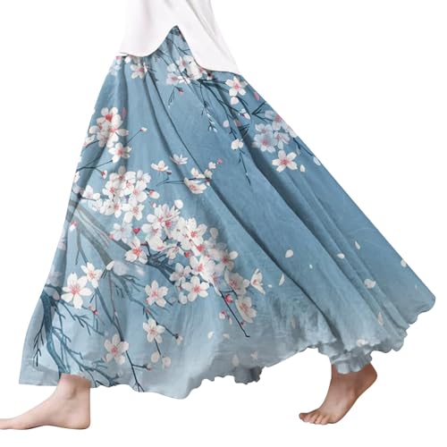 Damen Röcke Lang,Elegant Strandrock Bunt Blumendruck Schickes Plisseerock Vintage A-Line Swing Freizeitrock Leicht Und Luftig Knielang Midirock Komfortabler Stretch Sommerrock 2024 von Gyaimxfu