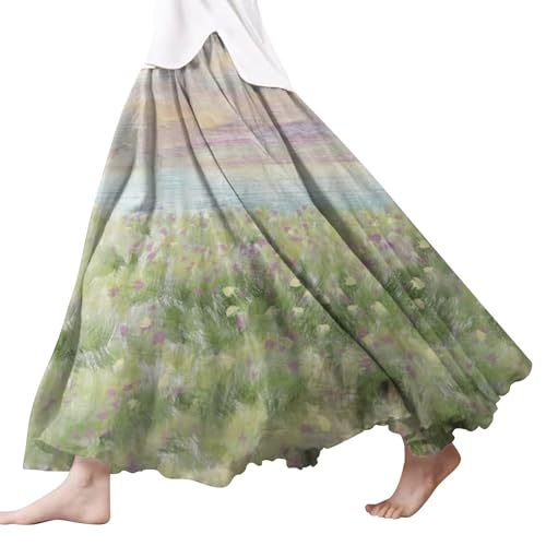 Damen Röcke Lang,Elegant Strandrock Bunt Blumendruck Schickes Plisseerock Vintage A-Line Swing Freizeitrock Leicht Und Luftig Knielang Midirock Komfortabler Stretch Sommerrock 2024 von Gyaimxfu