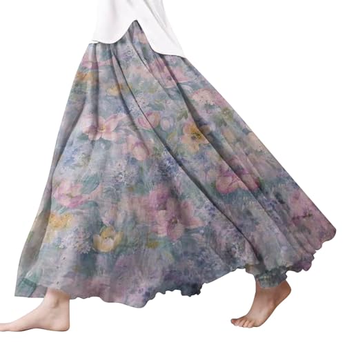 Damen Röcke Lang,Elegant Strandrock Bunt Blumendruck Schickes Plisseerock Vintage A-Line Swing Freizeitrock Leicht Und Luftig Knielang Midirock Komfortabler Stretch Sommerrock 2024 von Gyaimxfu