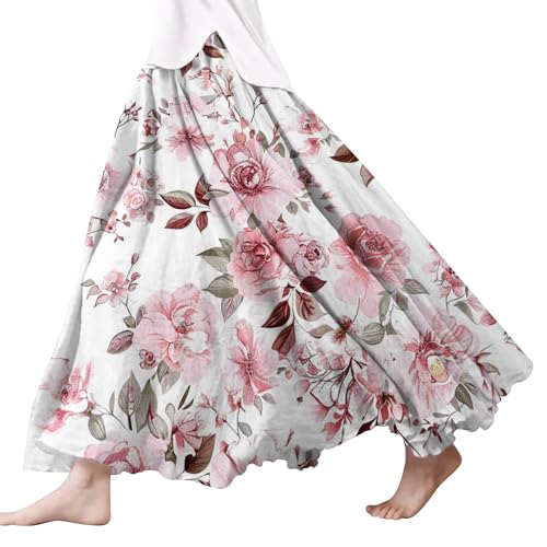 Damen Röcke Lang,Elegant Strandrock Bunt Blumendruck Schickes Plisseerock Vintage A-Line Swing Freizeitrock Leicht Und Luftig Knielang Midirock Komfortabler Stretch Sommerrock 2024 von Gyaimxfu