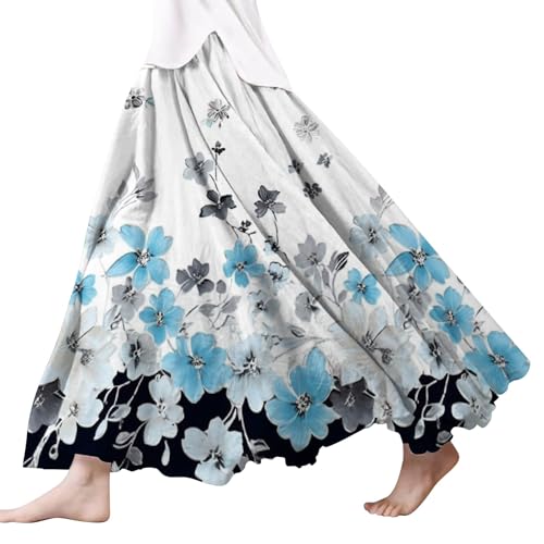 Damen Röcke Lang,Elegant Strandrock Bunt Blumendruck Schickes Plisseerock Vintage A-Line Swing Freizeitrock Leicht Und Luftig Knielang Midirock Komfortabler Stretch Sommerrock 2024 von Gyaimxfu