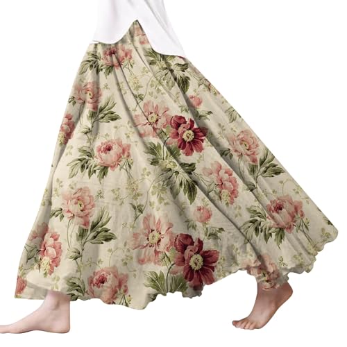 Damen Röcke Lang,Elegant Strandrock Bunt Blumendruck Schickes Plisseerock Vintage A-Line Swing Freizeitrock Leicht Und Luftig Knielang Midirock Komfortabler Stretch Sommerrock 2024 von Gyaimxfu