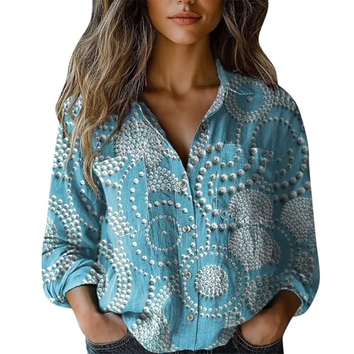 Die Discounter，Blusen Tuniken für Damen Leinen Retro-Muster Langarmshirt Casual Oberteile Locker Top Elegante Blusenshirt Lang Tunika Basic Shirt Oversized Vintage Longbluse V Ausschnitt Freizeithemd von Gyaimxfu