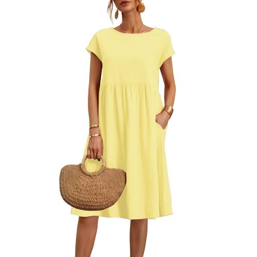Frühlingsangebote，Sommerkleid Damen V-Ausschnitt Blusenkleid - Luftig Musselin Kleid Leinen Kurzarm Strandkleid Elegant Einfarbig Hemdkleid Mit Tasche Leicht Tshirt Freizeitkleid Boho A-Linie Kleid von Gyaimxfu