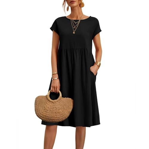 Frühlingsangebote，Sommerkleid Damen V-Ausschnitt Blusenkleid - Luftig Musselin Kleid Leinen Kurzarm Strandkleid Elegant Einfarbig Hemdkleid Mit Tasche Leicht Tshirt Freizeitkleid Boho A-Linie Kleid von Gyaimxfu