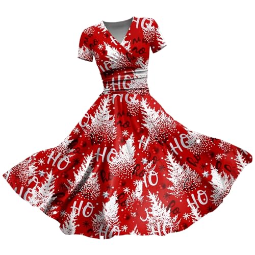 Gyaimxfu 2024 Weihnachtskleid Damen Kurzarm Weihnachten Party Kleid Weihnachtskleidung A-Linie Swing Kleid Dress Abendkleider Mit Rundhals Kurzarm Mit Drucken Cosplay Hepburn Kleider von Gyaimxfu