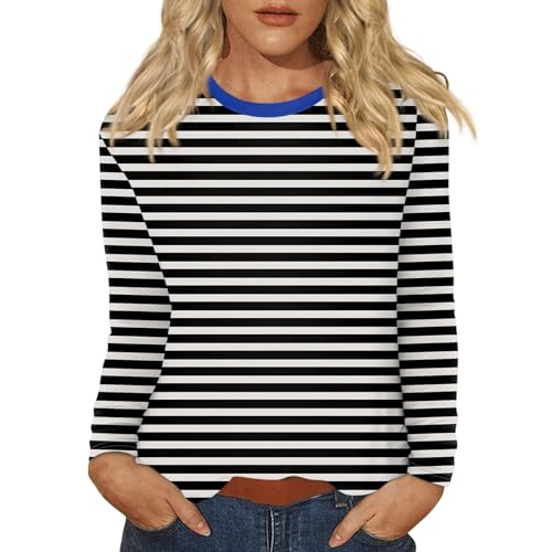 Gyaimxfu Damen Basic Gestreiftes Baumwolle Langarmshirt Damen Shirt Gestreiftes Langarm Rot Shirt Long Sleeve Leicht Basic mit Rundhals Mode Kleidung Langarmshirts Frauen von Gyaimxfu