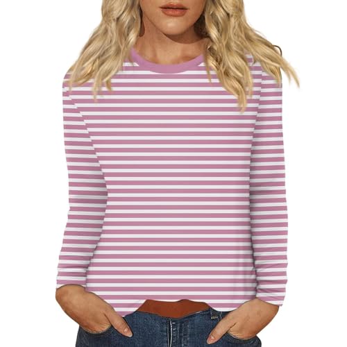 Gyaimxfu Damen Basic Gestreiftes Baumwolle Langarmshirt Damen Shirt Gestreiftes Langarm Rot Shirt Long Sleeve Leicht Basic mit Rundhals Mode Kleidung Langarmshirts Frauen von Gyaimxfu