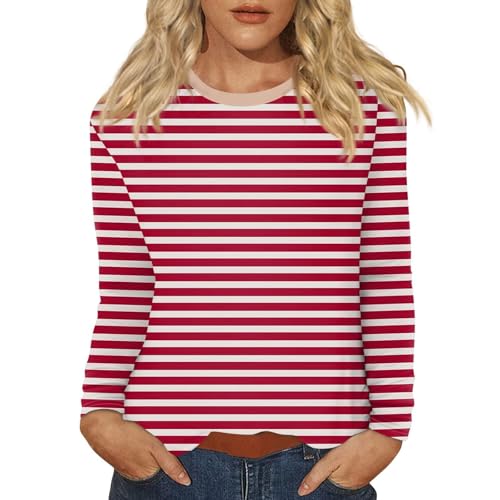 Gyaimxfu Damen Basic Gestreiftes Baumwolle Langarmshirt Damen Shirt Gestreiftes Langarm Rot Shirt Long Sleeve Leicht Basic mit Rundhals Mode Kleidung Langarmshirts Frauen von Gyaimxfu