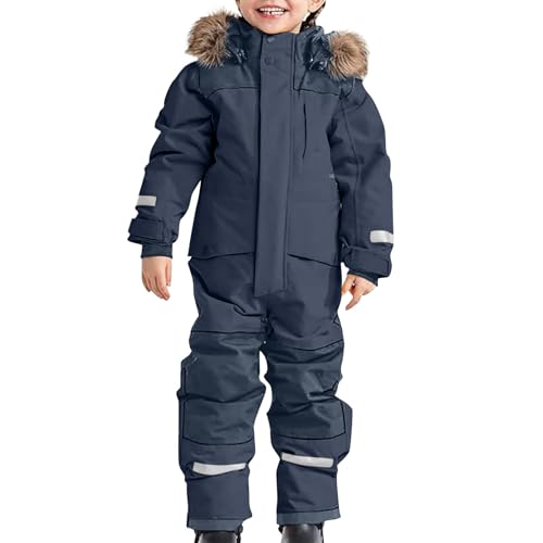 Gyaimxfu Einteiliges Schneeanzug Kinder Warmes Skioverall Unisex Kinder Wasserdicht Skianzüge Winddicht Schneeoverall Outdoor Softshell Dicke Fellkragenkapuze Skijacke Skihose Reflektierenden Streifen von Gyaimxfu