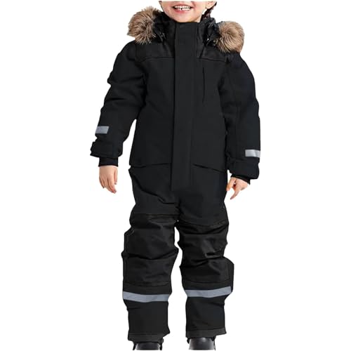 Gyaimxfu Einteiliges Schneeanzug Kinder Warmes Skioverall Unisex Kinder Wasserdicht Skianzüge Winddicht Schneeoverall Outdoor Softshell Dicke Fellkragenkapuze Skijacke Skihose Reflektierenden Streifen von Gyaimxfu