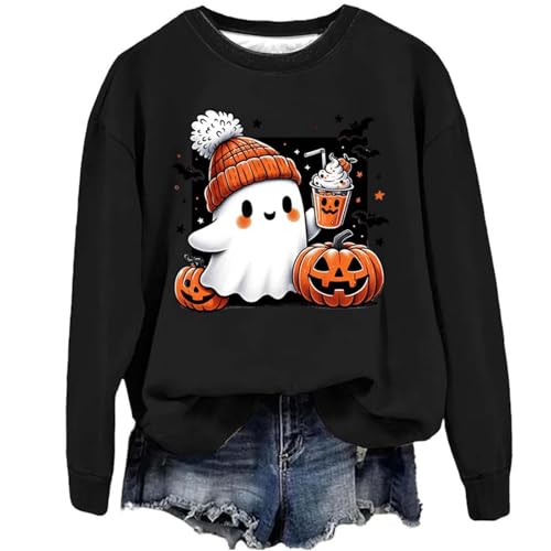 Gyaimxfu Halloween Pullover Damen, Pullover Damen Langarm Rundhals Sweatshirt Oberteile Süß Geist Drucken Langarmshirt Festival Casual Oversized Pulli Teenager Mädchen Halloween Kostüm Tops von Gyaimxfu