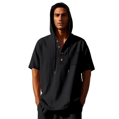 Gyaimxfu Leinenhemd Herren Mit Kapuze Sommer Kurzarm Baumwolle Leinen Kapuzenshirt Vintage Einfarbig Strandhemd Atmungsaktiv Bequeme Sommerhemd Comfort Fit Freizeithemden mit Knopfleiste Oberteile von Gyaimxfu