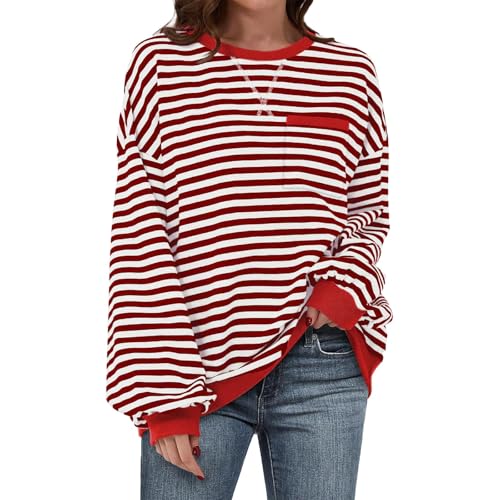 Gyaimxfu Sweatshirt Damen Oversize Rundhals Long Sleeve Basic Bunt Gestreiftes Oberteil Loose Fit Y2k Pullover Langarm Ohne Kapuze Farbblock Striped Shirt Tops Locker Oberteil von Gyaimxfu
