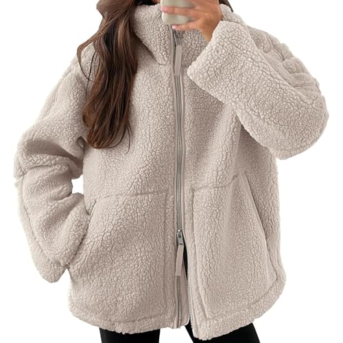 Gyaimxfu Deals of the Day,Teddyjacke Damen Warme Doppelschneidiger Samt Jacke Dicke Freizeit Winterjacke Einfarbig Fleecejacke mit Taschen Reißverschluss Wintermantel Neueste Plüschjacke 2024 von Gyaimxfu