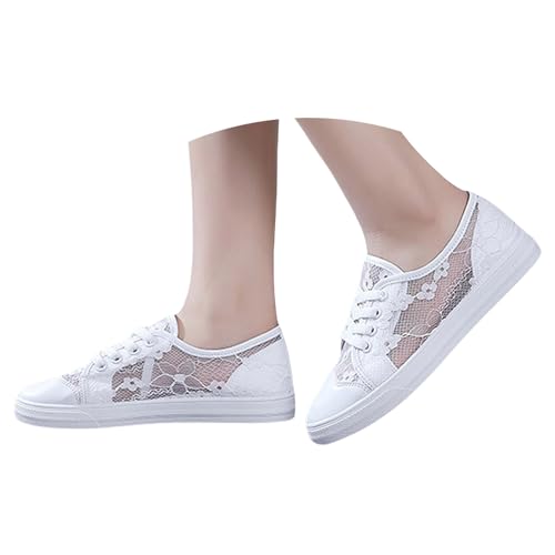 Gyaimxfu Trachtenschuhe Damen Spitzen Dirndl Schuhe Mesh Flache Turnschuhe Weiße Sneaker Leichte Bequem Sommerschuhe Stoffschuhe Elegant Trachten Brautschuhe für Oktoberfest und Festival 36-42 von Gyaimxfu
