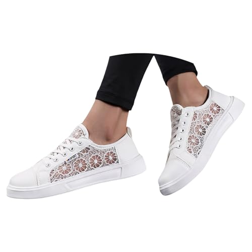 Gyaimxfu Trachtenschuhe Damen Spitzen Dirndl Schuhe Mesh Flache Turnschuhe Weiße Sneaker Leichte Bequem Sommerschuhe Stoffschuhe Elegant Trachten Brautschuhe für Oktoberfest und Festival 36-42 von Gyaimxfu